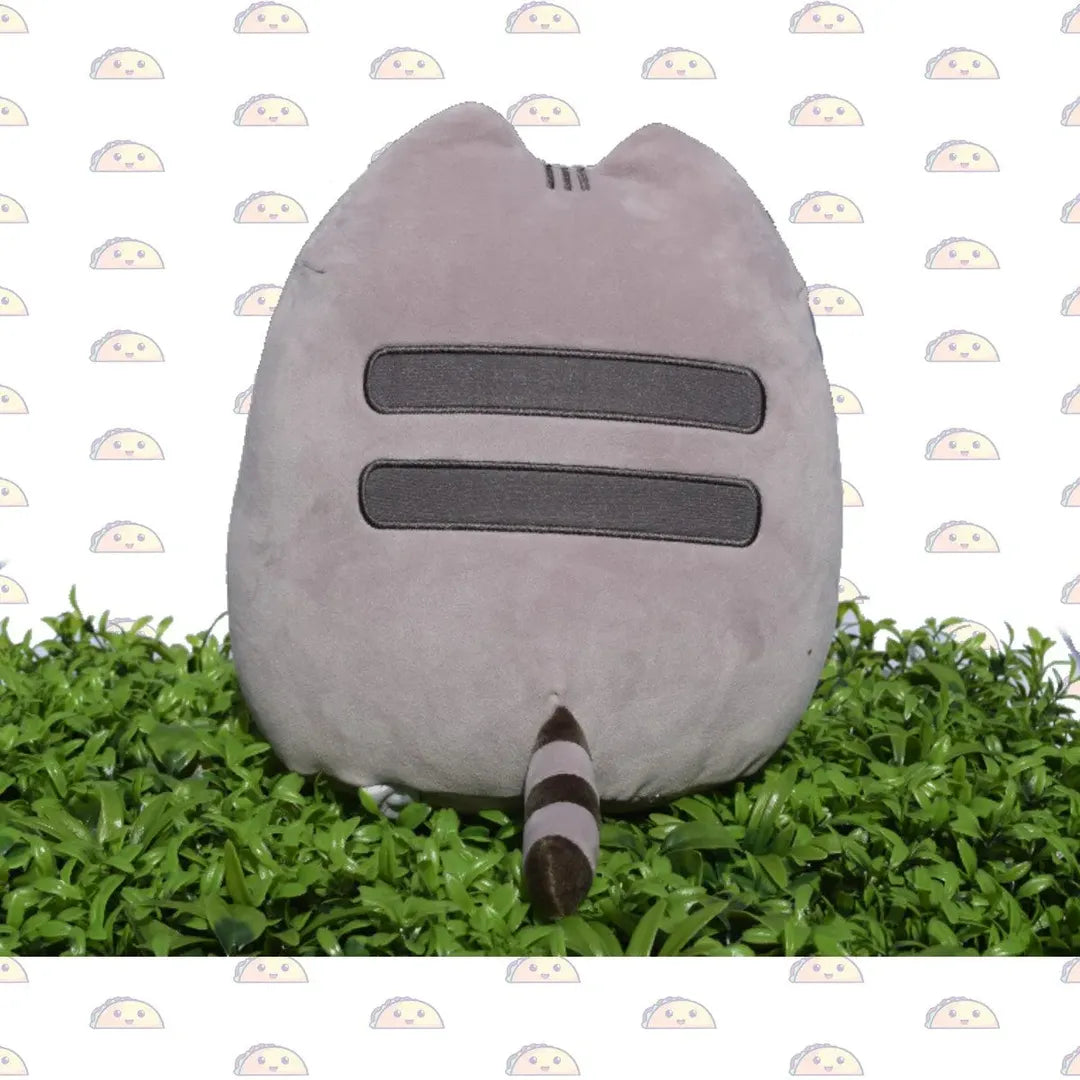 Back view of Pusheen Squisheen plush with tail and stripes
