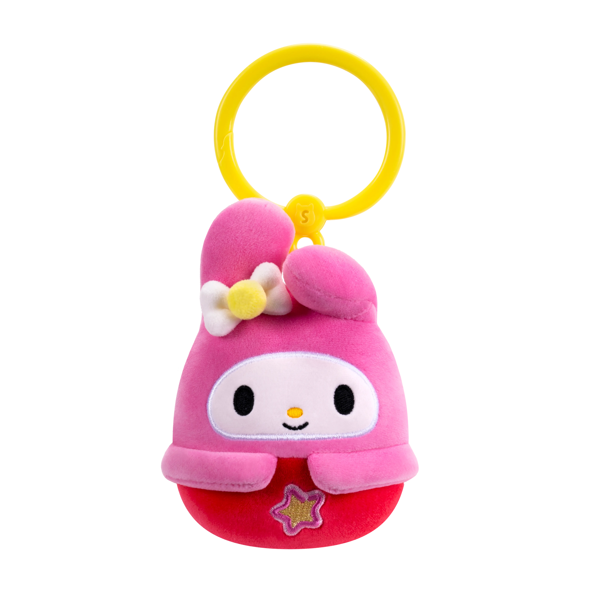 Plush toy with a pink hood and yellow bow on a white background