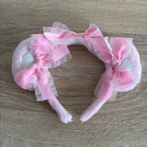 Kawaii Fluffy Bear Ears Headband with Bows – Pink & White