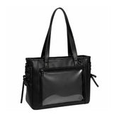 Black Ita handbag with transparent side panels on a white background. Pin bag