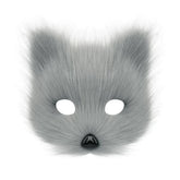 A gray faux fur animal mask shaped like a cat or fox face, featuring hollow white eye cutouts and a small black nose, shown against a plain white background.