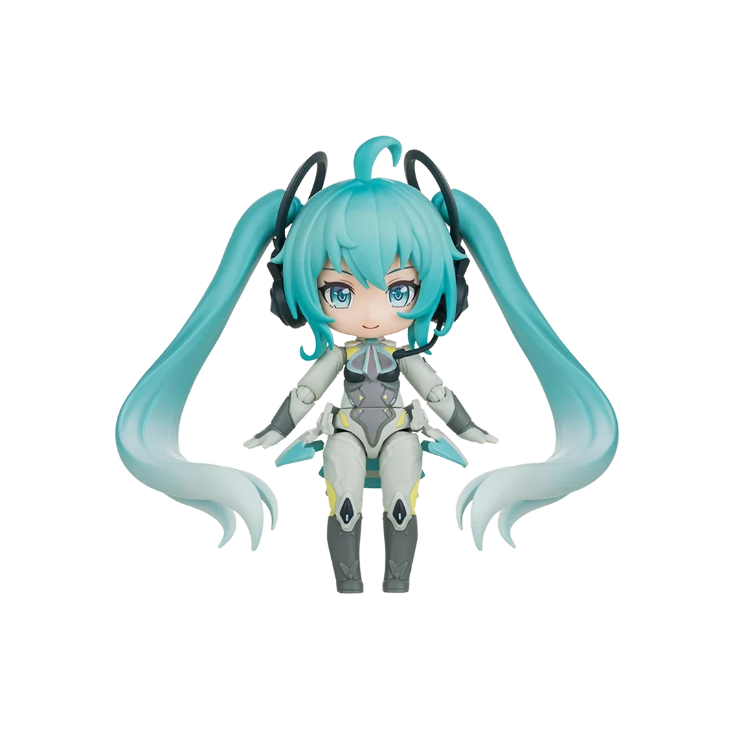 A chibi-style vinyl figure of Hatsune Miku in a white and gray futuristic outfit with teal twin-tails, shown against a plain white background.