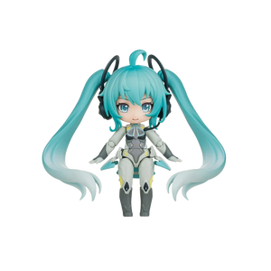 A chibi-style vinyl figure of Hatsune Miku in a white and gray futuristic outfit with teal twin-tails, shown against a plain white background.