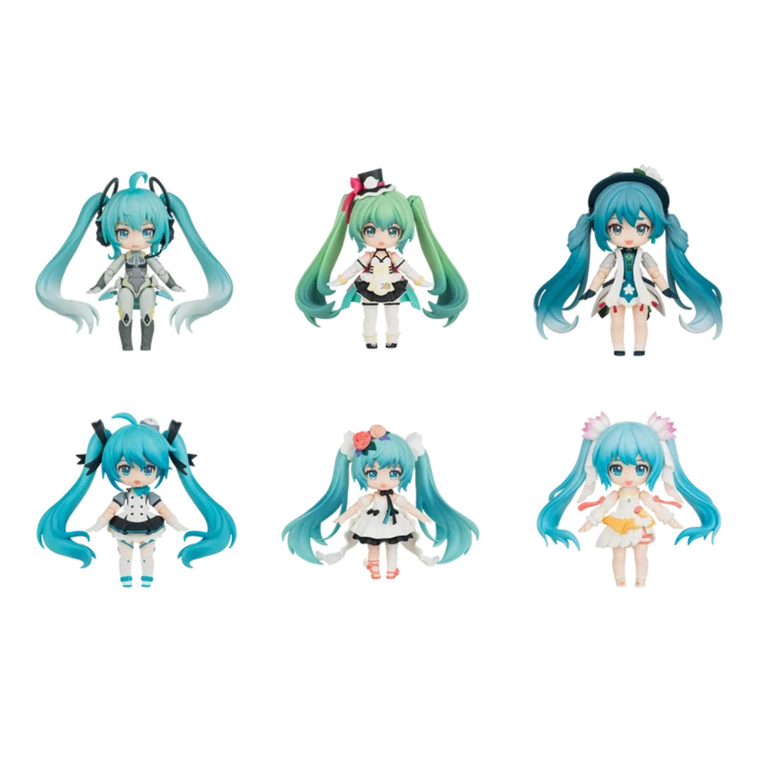 Six mini action figures of Hatsune Miku in different outfits arranged in a 2x3 grid on a plain white background.