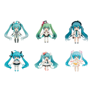 Six mini action figures of Hatsune Miku in different outfits arranged in a 2x3 grid on a plain white background.