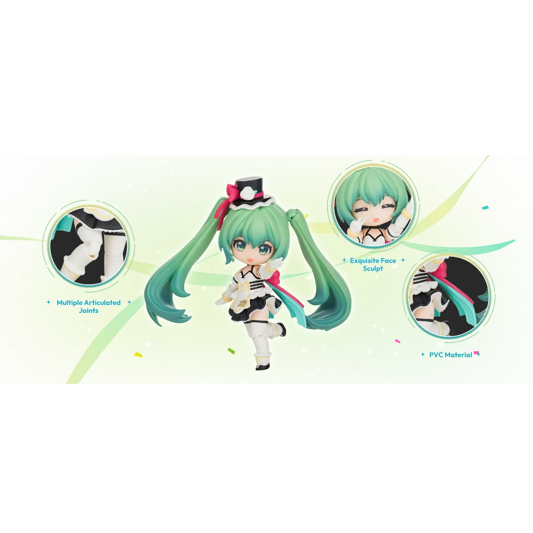 A promotional product image for an anime figure centered on a light green background, with three circular callout windows showing close-up feature details: articulated joints, an expressive face, and PVC material. The figure has long teal pigtails, a black-and-white outfit, and a pink bow accent.