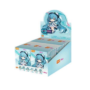 A retail display box filled with multiple mini blind packs, featuring Hatsune Miku character graphics on the packaging, set against a plain white background.