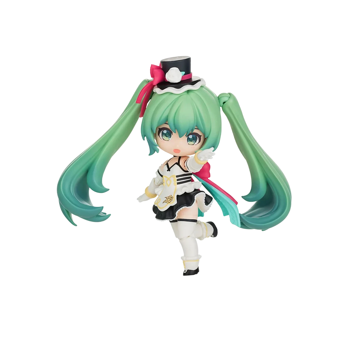 A chibi-style vinyl figure of Hatsune Miku in a black and white maid outfit with a pink bow, green hair, and a small black top hat, shown on a plain white background.