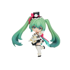 A chibi-style vinyl figure of Hatsune Miku in a black and white maid outfit with a pink bow, green hair, and a small black top hat, shown on a plain white background.