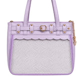 A lavender purple ita shoulder bag with a scalloped clear mesh front pocket, gold-tone heart-shaped hardware, and a gold chain strap on a white background.