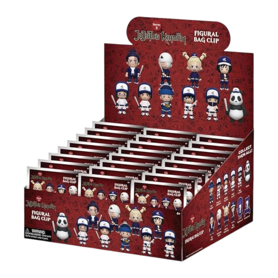 Display box of Jujutsu Kaisen figurine bag clips with various characters on a red background.