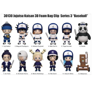 Set of 12 Jujutsu Kaisen 3D foam bag clips with character illustrations on a white background.