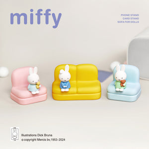 Miffy blind box Sofa Series mini figurines displayed on pastel sofas, surprise collectible design