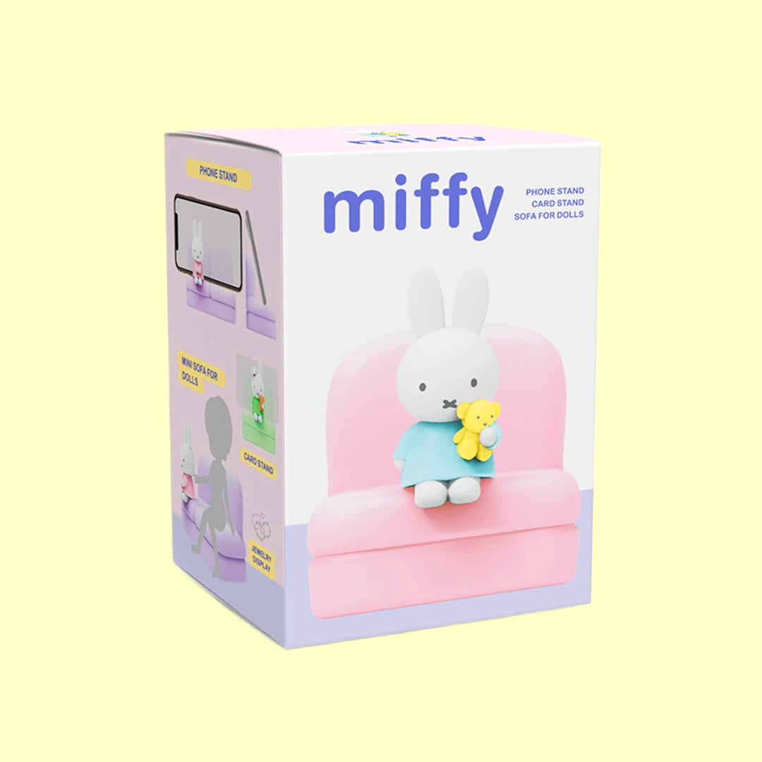 Miffy Sofa Series mini figurine used as a phone stand on pastel sofa base