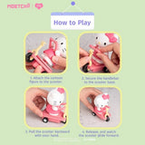Instructions on how to play with scooter figurine featuring a Hello Kitty character, branded 'MOETCHI'.
