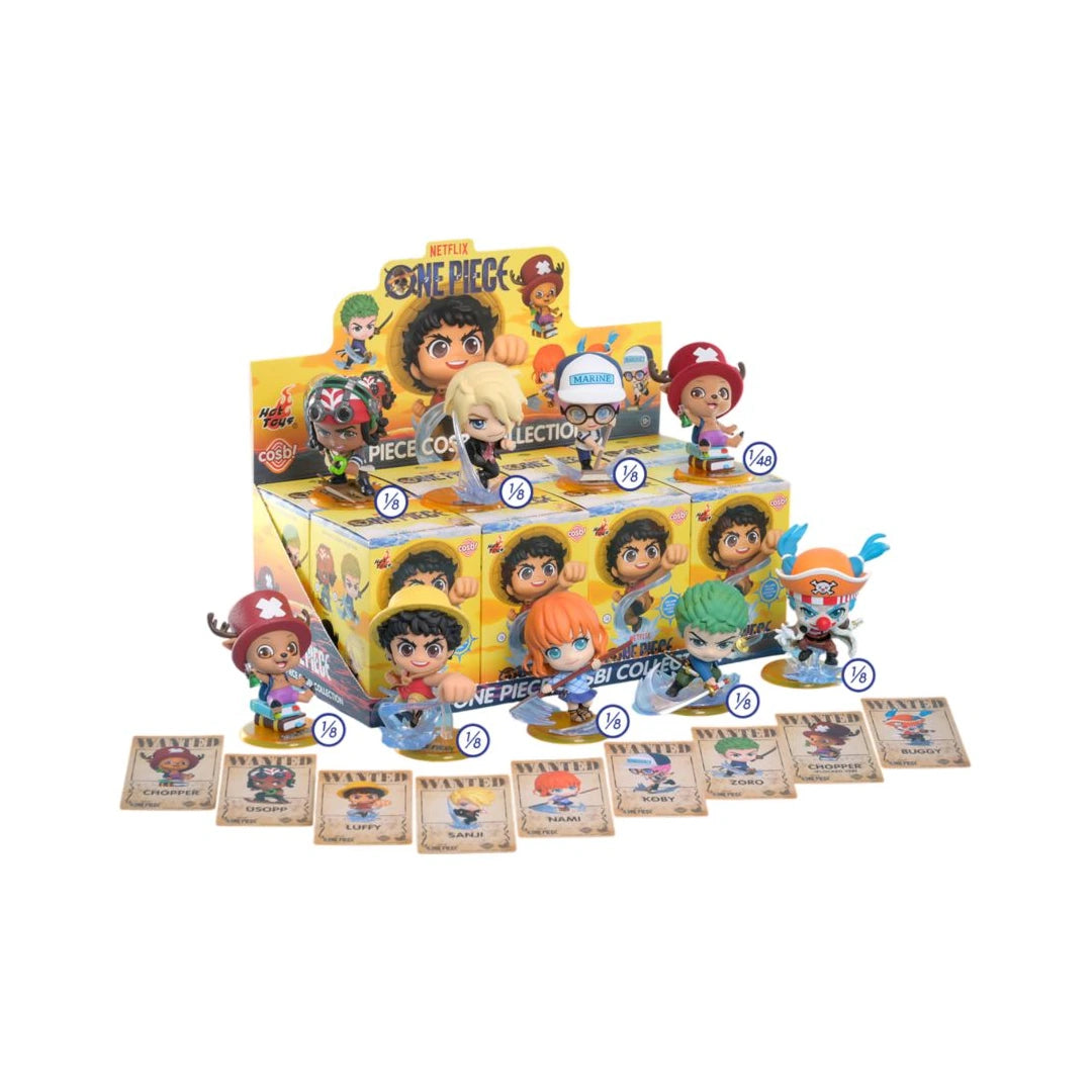 A One Piece Piece Selection Collection display box filled with small character figures and accompanied by several character cards, photographed on a plain white background.