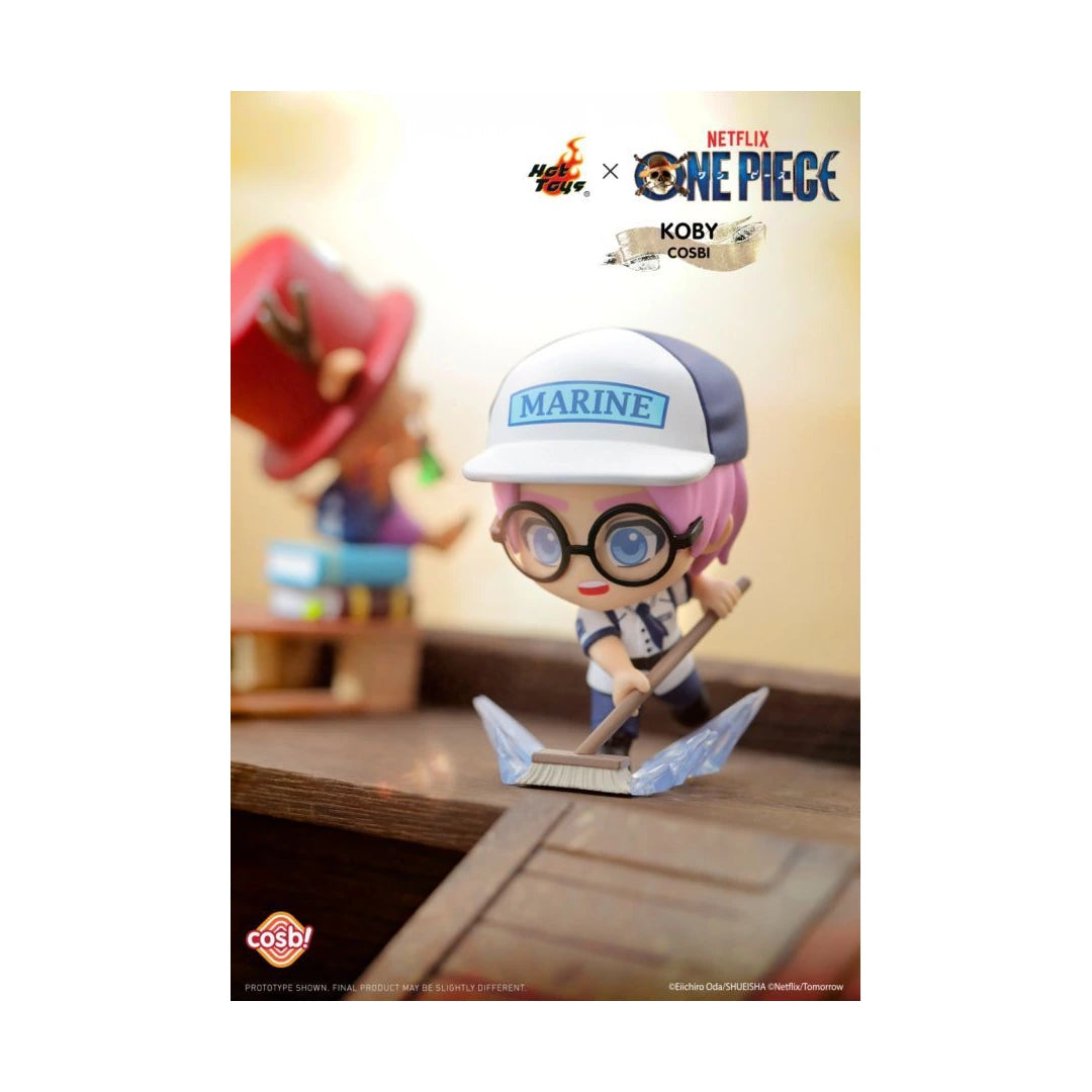 Figurine with 'Marine' cap and 'One Piece' branding on a promotional poster.