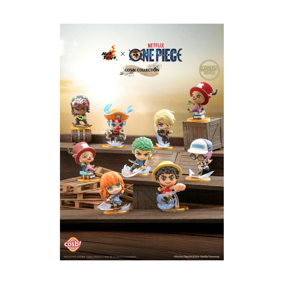 Cosplay Collection 2024 Hot Topic x Netflix One Piece figure display poster, featuring multiple chibi-style character figures on wooden crates against a warm sunset background.