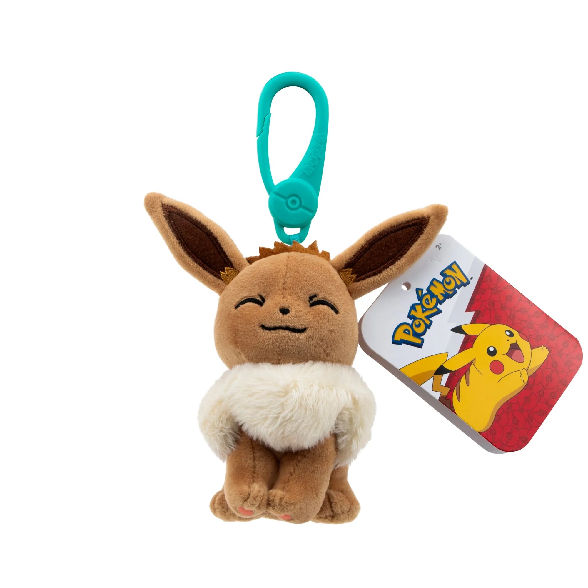 Plush keychain of Eevee from Pokémon with a tag on a white background