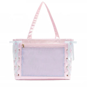 A pastel pink ita bag with a large front mesh window, satin shoulder straps, and decorative white/light blue bows with small pink floral details on the sides.