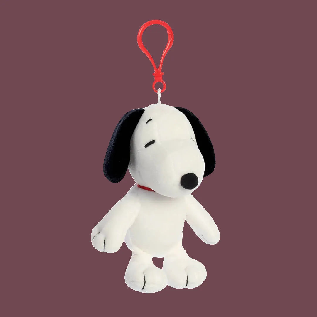 Plush Snoopy dog keychain with a red clip . Licensed Peanuts