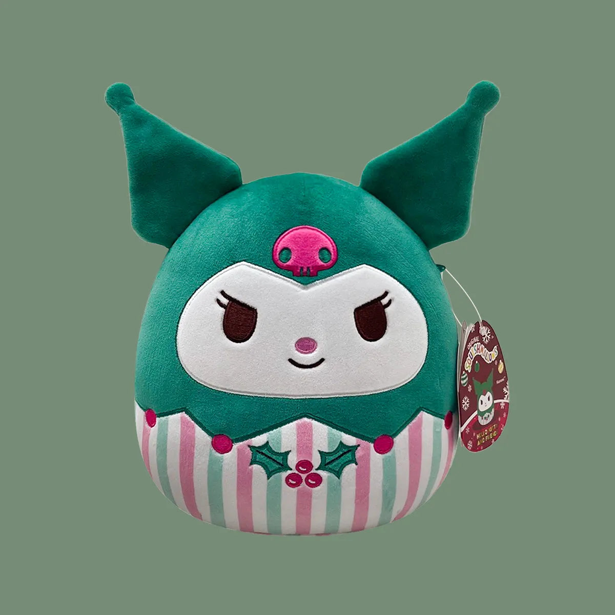 Teal plush toy with striped skirt and festive design. Kuromi Christmas plush