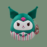 Teal plush toy with striped skirt and festive design. Kuromi Christmas plush
