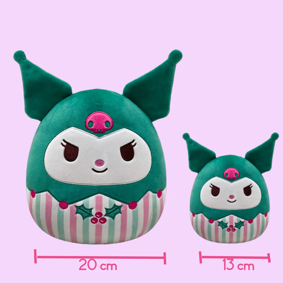 Two green Kuromi plush toys with striped dresses Christmas plush
