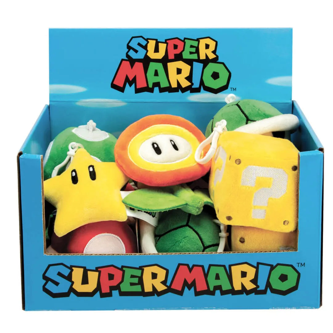 Super Mario plush bag clips in a box with colorful packaging