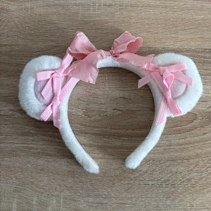Kawaii Fluffy Bear Ears Headband with Bows – Pink & White
