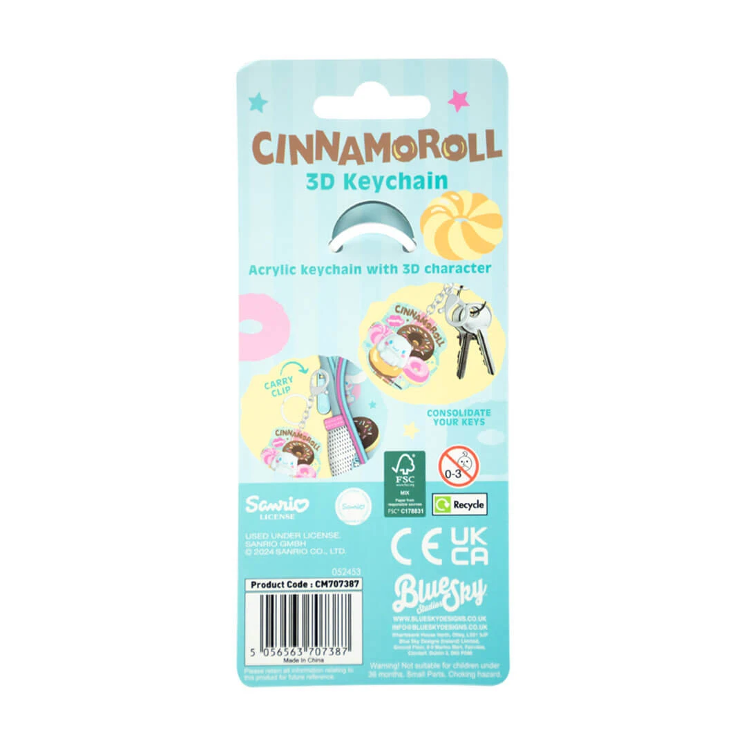 Cinnamon Roll 3D keychain packaging with colorful illustrations on a light blue background