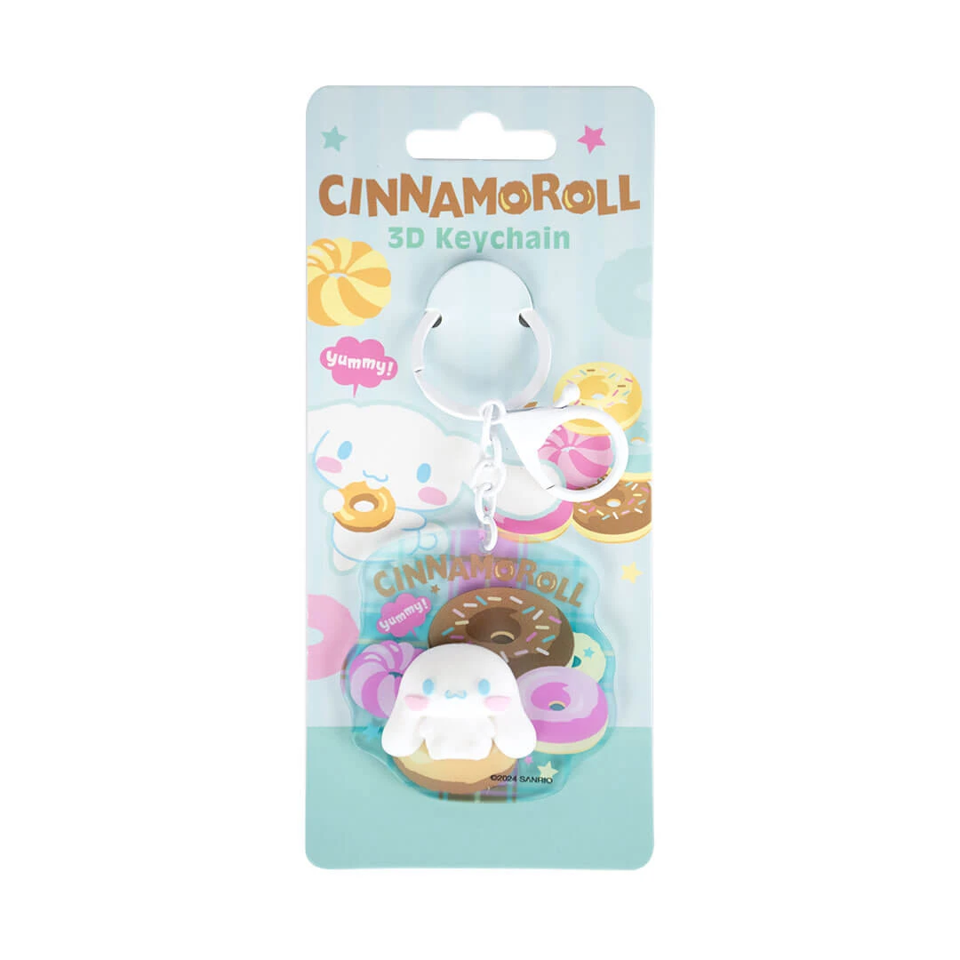 Cinnamoroll 3D keychain packaging with colorful design on a white background