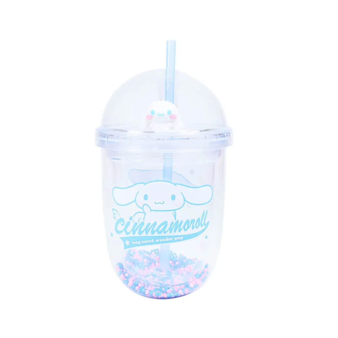 Cute Cinnamoroll figure topper on kawaii Sanrio drink cup