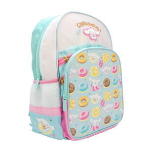 Children's backpack with donut pattern on a white background. Hello kitty and friends