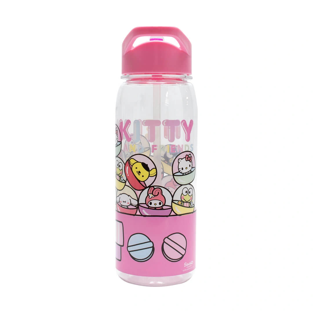 Pink water bottle with cartoon characters and 'hello KITTY' text on a white background