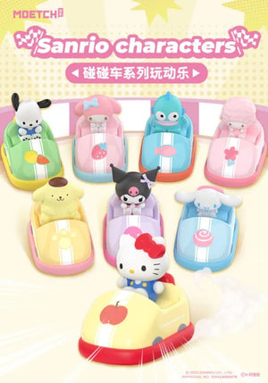 Set of colorful bumper cars with Sanrio characters on a light pink background with 'Sanrio characters' text. Blind box