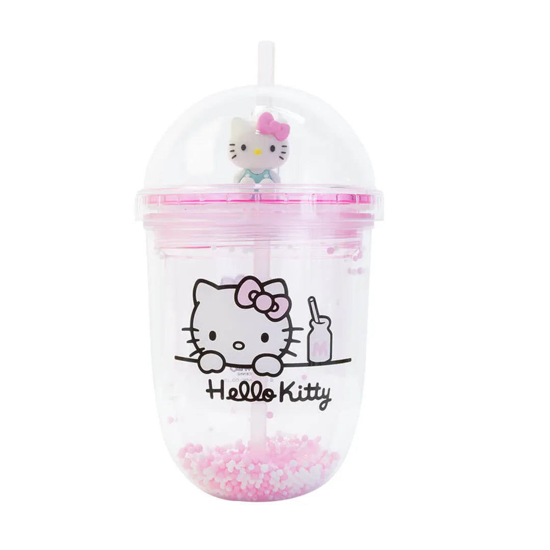 Clear tumbler with pink straw featuring Hello Kitty design on a white background