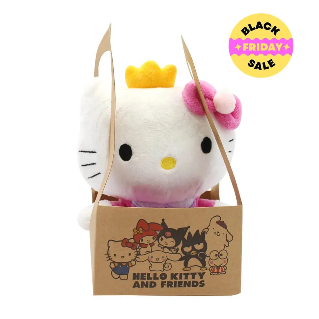 Hello Kitty Eco Plush pink princess design sitting inside cardboard bag β front view