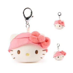 Hello Kitty Plush keychain with a pink hat and bow, including a smaller version of the same plush toy.