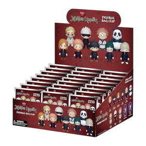 Display box of 'Jujutsu Kaisen' figurine bag clips with character illustrations on a white background.