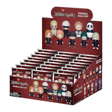 Display box of 'Jujutsu Kaisen' figurine bag clips with character illustrations on a white background.