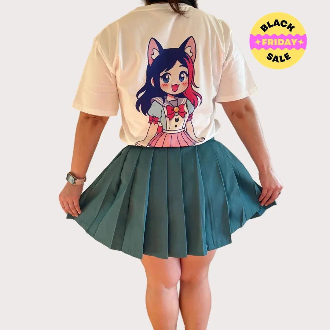 Back view of kawaii anime cat-girl graphic T-shirt with pleated skirt