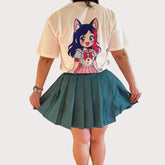 Back view of kawaii anime cat-girl graphic T-shirt with pleated skirt