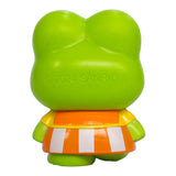 Kero Keroppi Green character figurine with an orange and white striped skirt on a white background, featuring Sanrio branding.