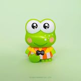 Cartoon frog Keroppi character with a colorful outfit on a light green background