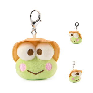 Plush frog of Kero Keroppi keychain with a hat on a white background
