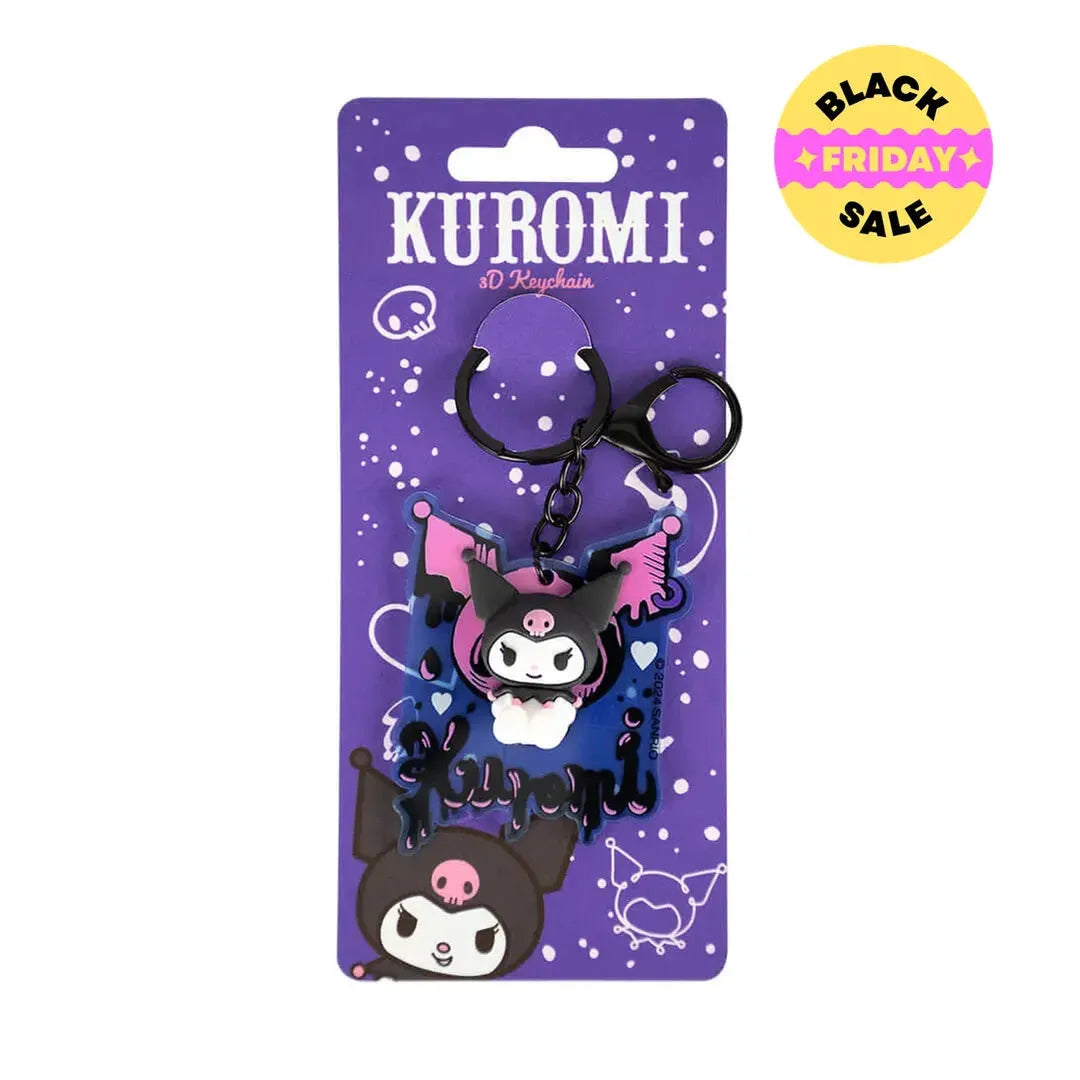 Kuromi keychain on a purple card with 'Kuromi' branding