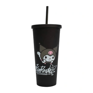 Black tumbler with cartoon character and text on a white background