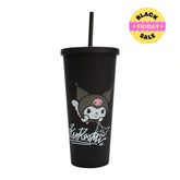 Black tumbler with cartoon character and text on a white background