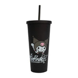 Black tumbler with cartoon character and text on a white background